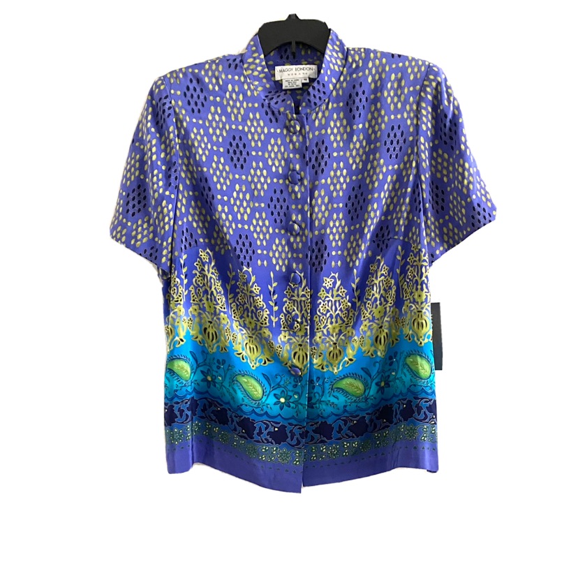 Maggy London Purple And Blue Short-Sleeve Printed Button-Up Blouse